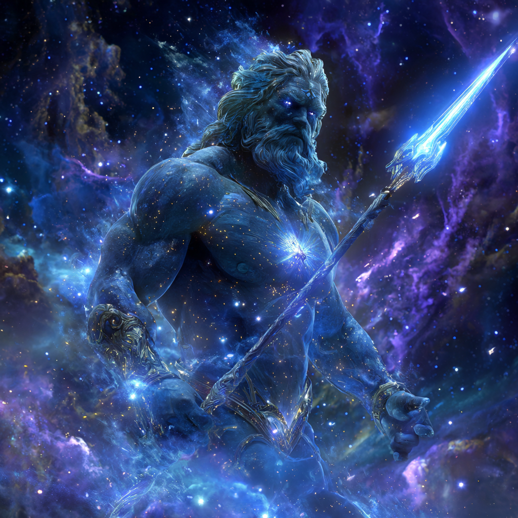 Astra, The Celestial Warrior, standing against a storm-lit nebula