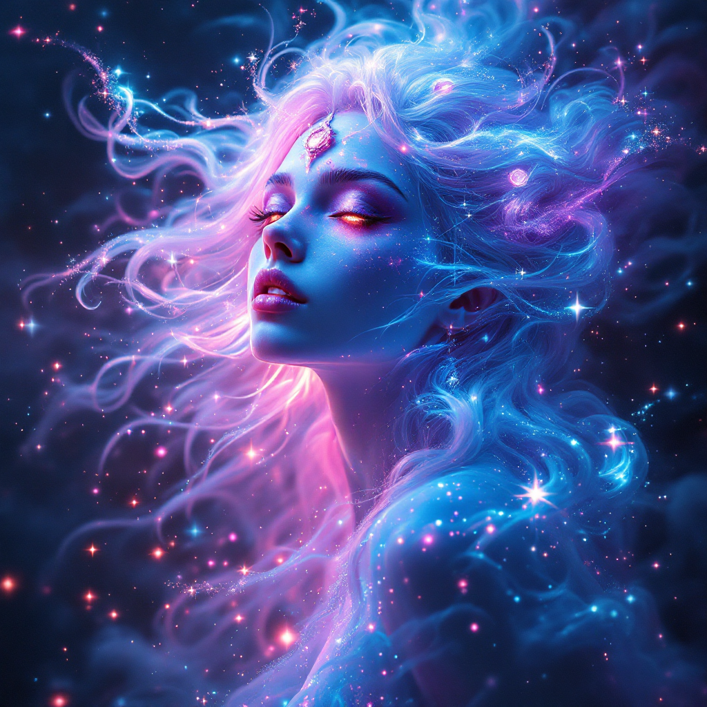 Astra, The Celestial Warrior, standing against a storm-lit nebula