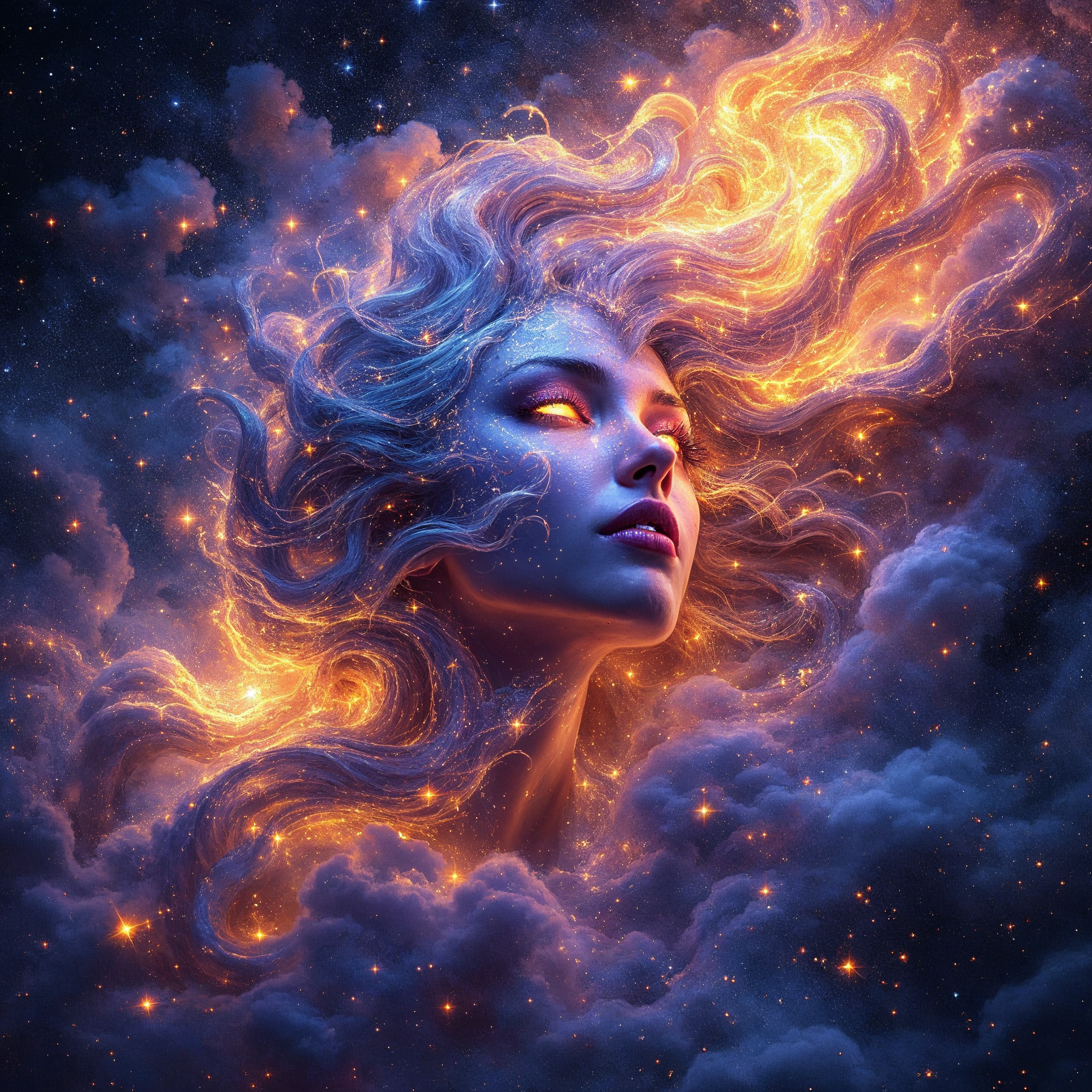 Astra, The Celestial Warrior, standing against a storm-lit nebula